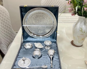 German Silver Pooja Thali Set: 8-Piece Religious Gift with Velvet Box
