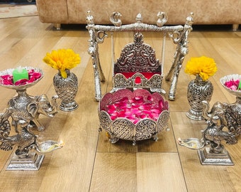 Set of 1 Silver Swing for God, 2 Elephant Platter, 2 flower Vase, 2 Peacock Diya, 1 Decorative Urli, Diwali Decor, Free Express Delivery