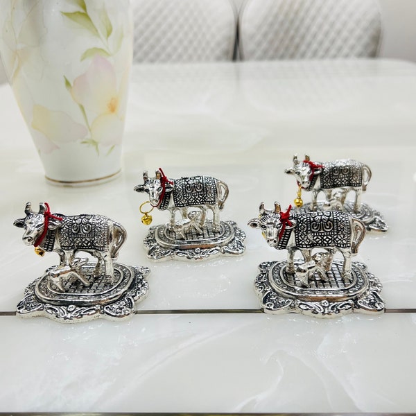 Lot of 100 pc Silver Plated Cow With Calf Statue, Kamdhenu Cow Idol, Table Top, Return Gift, Festival Gifts, Pooja Accessories, Wedding Gift