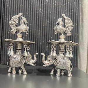 German Silver Elephant Samai, Oil Lamp, Oil Wick Lamp, Entryways Decor, Temple Decor, Festival Gifts,  Housewarming Gift, Diwali Decor, Gift
