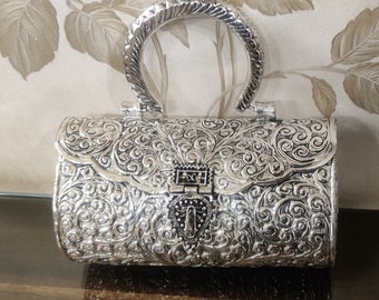 German Silver Metal Clutch with Handle Indian Handmade Silver Party Sling Bag Proposal Gift for Her Ethnic Handmade Vintage Style Purse