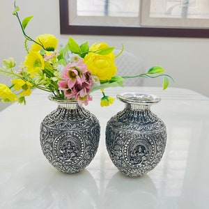 Duitse zilveren 7-inch bloemenvaas, Laxmi Ji on Kalash, pot voor Pooja, Kalash voor Pooja, middelpunt, woondecoratie, geschenken, gratis expreslevering