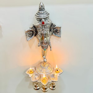 German Silver Ganesha Wall Hanging Deepak with Bell, Religious Gifts, Brass Oil Lamp, Indian Oil Lamp, Oil Wick Lamp, Diya for Pooja Room