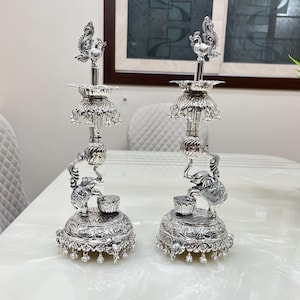 German Silver Elephant Samai, Long Decorative Diya Stand, Religious Decor, Entryways Decor, Oil Lamp, Traditional Diya, Housewarming Gifts