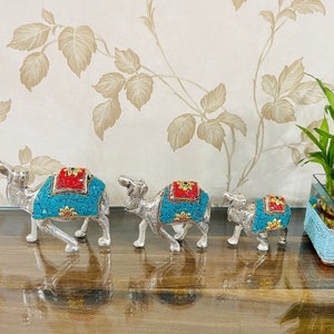 German Silver Camel Set, Brass Camel Showpiece, Gemstone, Animal Figurine, Indian Home Decor, Islamic Decor, Trinket Knick Knack Collectible