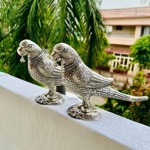 German Silver Pair of Parrot Figure, Bird Statue, Antique Collectible, Figurine, Brass Bird Statue, Showpiece, Brass Pet Bird, Parrot Statue