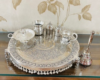 German Silver Pooja Thali, 8 piece Puja Thali, Housewarming Gift, Religious Decor, Diwali Pooja Thali, Silver Pooja Thali, Diwali Gift