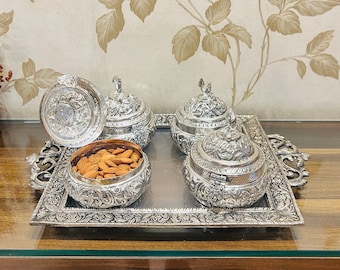 Hand Engraved German Silver Dry Fruit Bowl Set with Tray