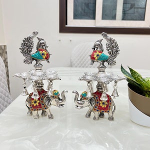 German Silver Elephant Samai, Oil Wick Lamp, Oil Lamp, Temple Decor, Diwali Gift, Diwali Decor, Housewarming Gift, Diya Stand, Festival Gift
