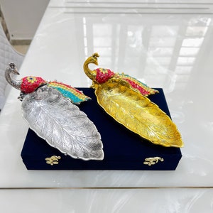 Lot of 50 pcs German Silver Peacock Serving Platter With Velvet Box, Return Gift, Wedding Favors, Bulk Gifts, Housewarming Gift, Diwali Gift