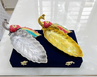 Lot of 50 pcs German Silver Peacock Serving Platter With Velvet Box, Return Gift, Wedding Favors, Bulk Gifts, Housewarming Gift, Diwali Gift