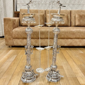 German Silver Peacock Samai, Set of 2 Diya, Oil wick Lamp, Oil Lamp for Temple, 30 inch Samai- Diya, Housewarming Gift, Entryways Decor,Gift