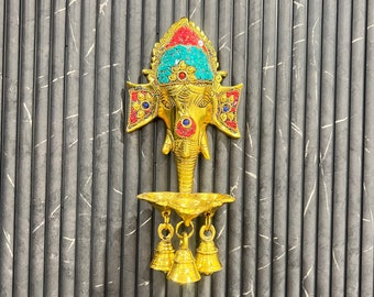German Silver Ganesha Diya: Indian Wall Hanging Oil Lamp