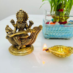 Brass Saraswati with Veena, Hindu Goddess Saraswati Statue, Goddess Of Knowledge, Music, Mini Statue, Statue for Altar, Housewarming Gift