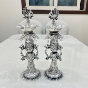 German Silver Samai, 15 Inch Samai, Handcrafted Diya for Temple, Entryways Decor, Oil Lamp, Decorative Diya, Diya Stand, Traditional Diya