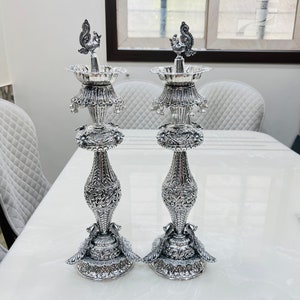 German Silver 20 Inch Peacock Samai, Set of 2 Diya for Temple, Entryways Decor, Kerala Oil Lamp, 5 Oil Wick Lamp, Lamp, Housewarming Gift