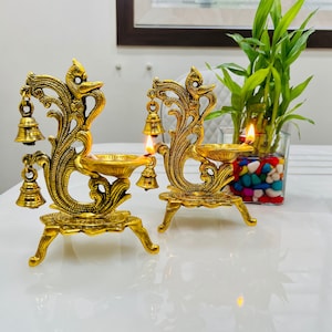 German Silver Oil Lamp, Oil Wick Lamp, Diya for Home Temple, Bell Peacock Diya, Kerala Lamp, Kuthu Vilaku, Diya for Pooja, Brass Indian Diya