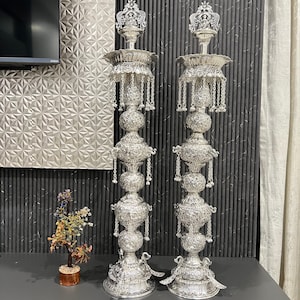 German Silver 34 inch Samai, Decorative Diya Stand, Diya for Temple, Entryways Decor, Oil Wick Lamp, Traditional Oil Lamp, Housewarming Gift