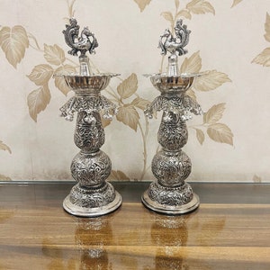 German Silver Hand Engraved Peacock Samai Diya, Oil Lamp, Indian Pooja Decor, Oil Lamp, Housewarming Gift, Diwali Decor Diya, Diwali Gift