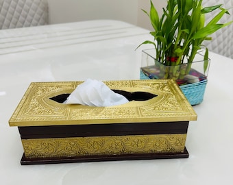 Brass Wooden Tissue Holder, Ornate Small Tissue Box , Bathroom Accessories, Vintage Decor, Brass Decor, Art Deco, Indian Decor, Gifts