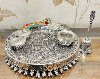 German Silver Peacock Pooja Thali Set, Temple Decor, Ritual Plate, Housewarming Gift, Gifts