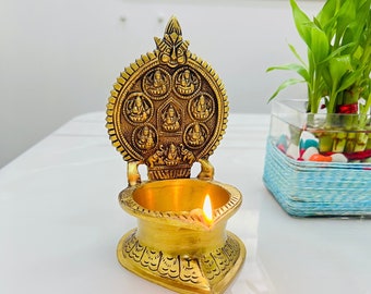 Brass Ashta Laxmi Diya: Divine Oil Lamp, Altar Temple Decor