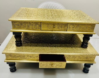 Wooden Brass Chowki With Drawer, Bajot for Pooja, Brass Chowki, Indian Pooja Table, Indian Art Decor, Bajot Table, Pooja Chowki for God Idol