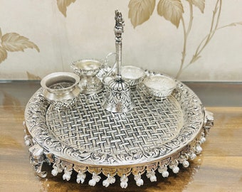 Duitse zilveren olifant hand gegraveerd Pooja Thali, Puja Thali set, hindoe rituele plaat, aanbidding plaat, geoxideerd zilver Puja Thali, Diwali cadeau