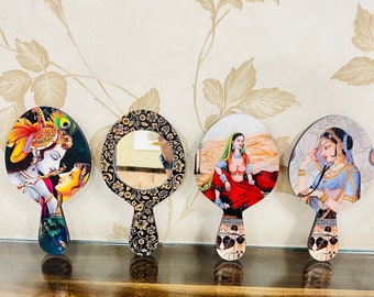 Hand Wooden Mirror, Handheld Mirror, Rajasthani Design Hand Mirror, Bulk Gift, Wholesale Gifts, Return Gift, Bridesmaid Gift, Compact Mirror