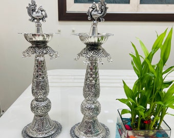 German Silver Diya Stand: Traditional Brass Oil Lamp for Home Temple