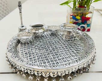 German Silver Pooja Thali Set, Temple Decor, Religious Gift