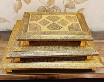 Set of 3 Wooden Brass Bajot, Chowki for God Idol, Bajot for Temple, Temple Decor, Indian Puja Chowki for Diwali Decor, Brass Bajot Table