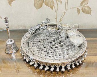 German Silver Peacock Pooja Thali Set, Pooja Ritual Thali, Diwali Puja Thali, Silver Thali, Worship Thali, Diwali Gift, Religious Decor