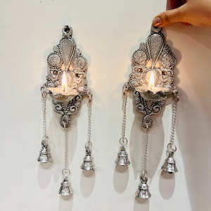 German Silver Hanging Diya Set With Bell,  Silver Indian Diya Oil Lamp, Silver Decorative Diya,  Hanging Kuthu Vilakku, Silver Diya for Puja