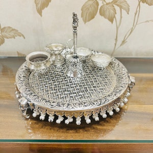 German Silver Elephant Hand Engraved Pooja Thali, Puja Thali Set, Worship Plate, Oxidized Silver Puja Thali, Diwali Gift, Deity Pooja Thali