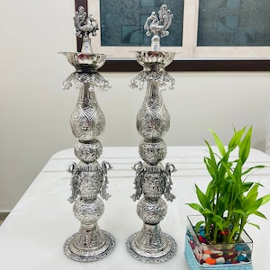 German Silver 22 inch Peacock Diya Stand, Oil Wick Lamp, Long Samai -Diya, Kerala oil lamp, Brass Diya Stand, Traditional Diya , Diwali Diya