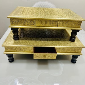 Wooden Brass Chowki With Drawer, Bajot for Pooja, Brass Chowki, Indian Pooja Table, Indian Art Decor, Bajot Table, Pooja Chowki for God Idol
