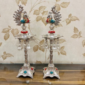 German Silver Peacock Samai, Oil Wick Lamp, Kerala Oil Lamp, Temple Decor, Long Diya Stand, Home Decor, Indian Decor, Housewarming Gift