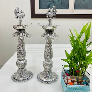 German Silver Diya Stand, Brass Oil Lamp, Diya for Home Temple, Aesthetic Home Decor, Oil Lamp, Traditional Diya, Long Silver Diya Stand