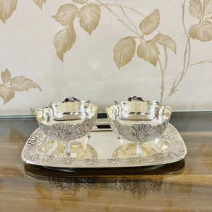 German Silver Set of 2 Bowl with Tray, Snack Bowl, Serving Bowl, Table Decor, Dry Fruit Bowl, Housewarming Gift, Wedding Gift, Sweet Bowl