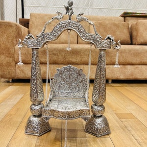 Hand Engraved Swing For God, Throne For God, Temple Decor, Laddu Gopal Jhula , Swing For Krishna, Silver Antique  Jhula for Lord Krishna