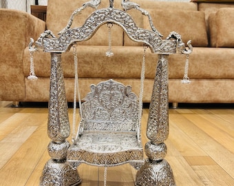 Hand Engraved Swing For God, Throne For God, Temple Decor, Laddu Gopal Jhula , Swing For Krishna, Silver Antique  Jhula for Lord Krishna