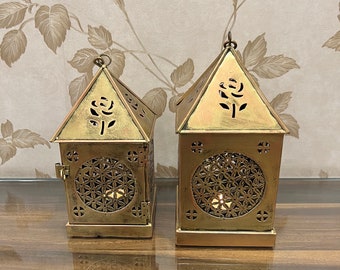 Rustic Bronze Metal Lantern Set: Handmade Vintage Candle Holder