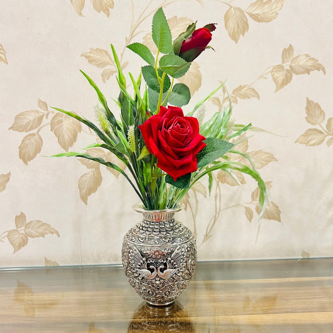 Metal Flower Vase, Peacock Engraved Flower Vase, Decorative Vase, Home