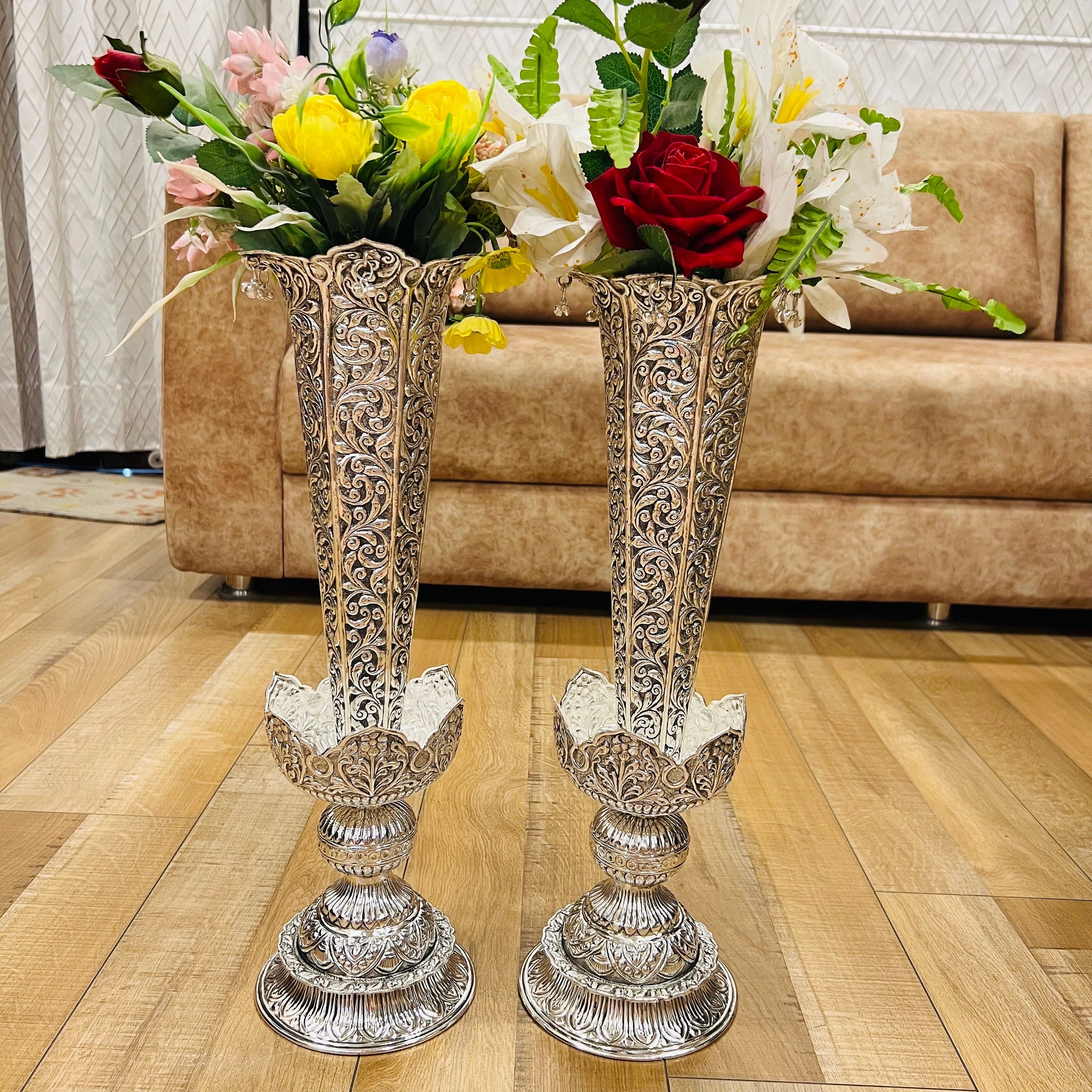 花瓶・フラワースタンド Silver Plated Set of 3 Connecting Vase Repoussé German Silver Flower Vase: 20