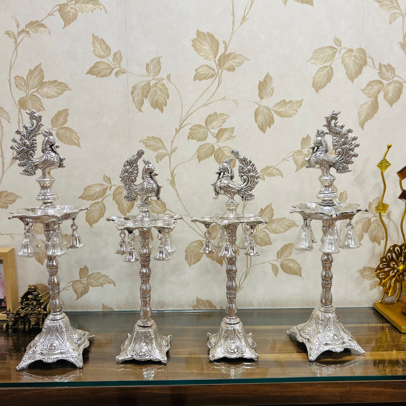 German Silver Peacock Diya: Handmade Indian Brass Oil Lamp, Big Samai Decor