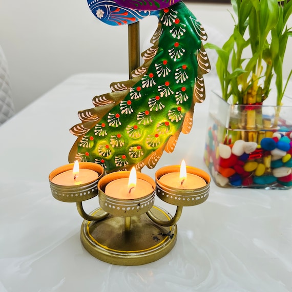 Jewel Plume Peacock Candleholder Set Wth Candles | Peacock Room Decor