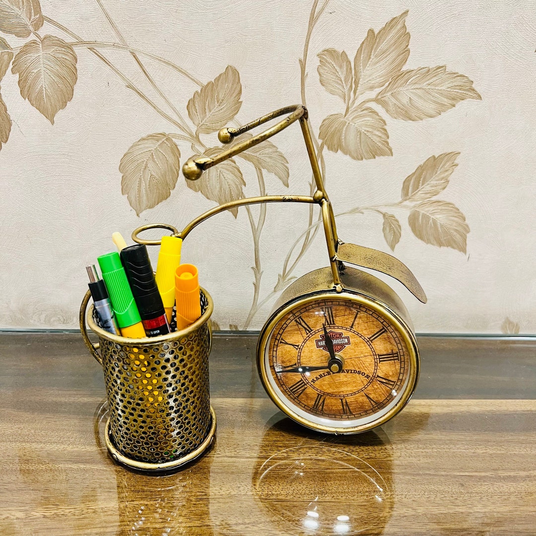 Metal Cycle Pen Stand With Clock, Tabletop, Office Desktop Storage