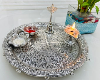 German Silver Pooja Thali Set: Diwali Gift, Indian Temple Decor