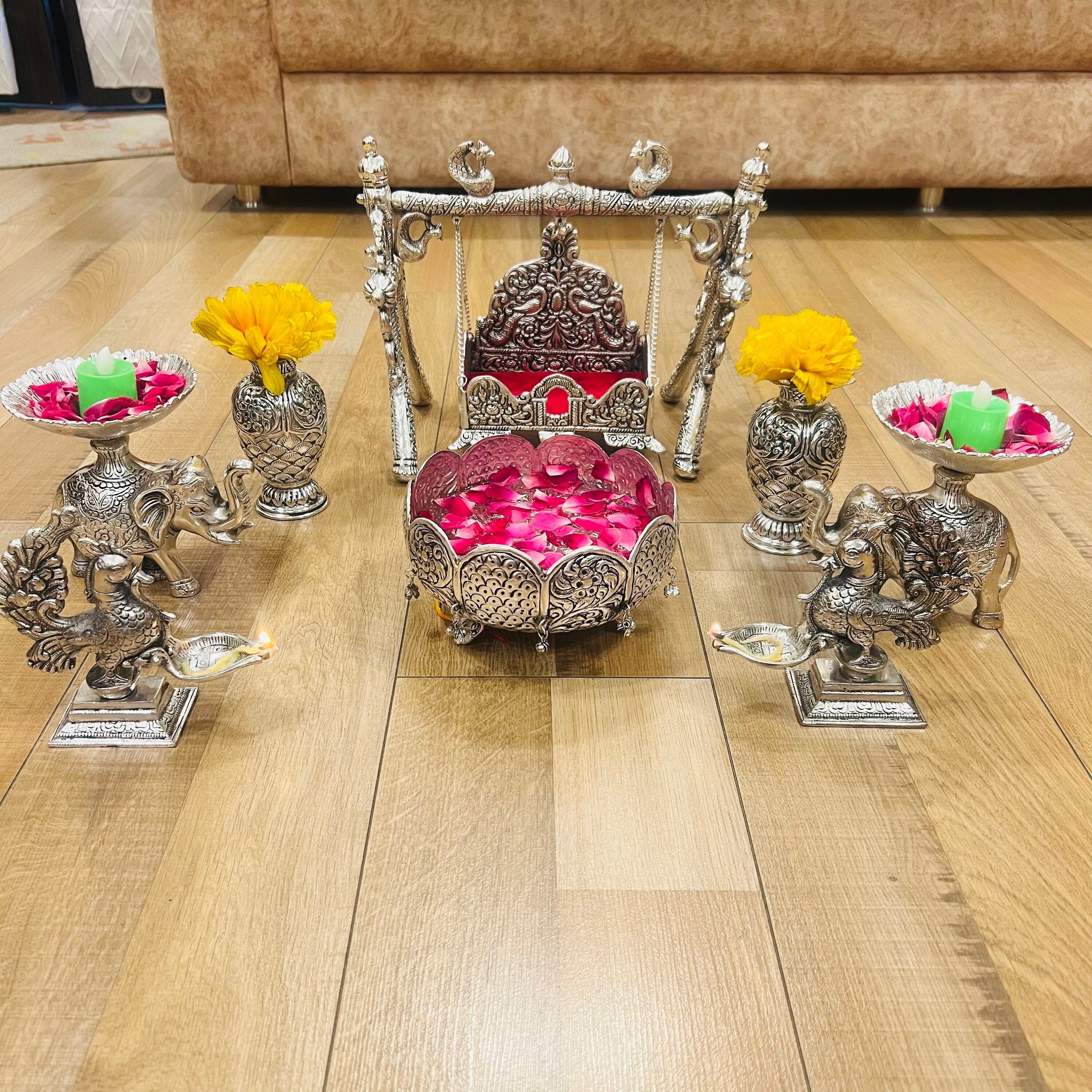 Set of 1 Silver Swing for God, 2 Elephant Platter, 2 flower Vase, 2 Peacock Diya, 1 Decorative Urli, Diwali Decor, Free Express Delivery